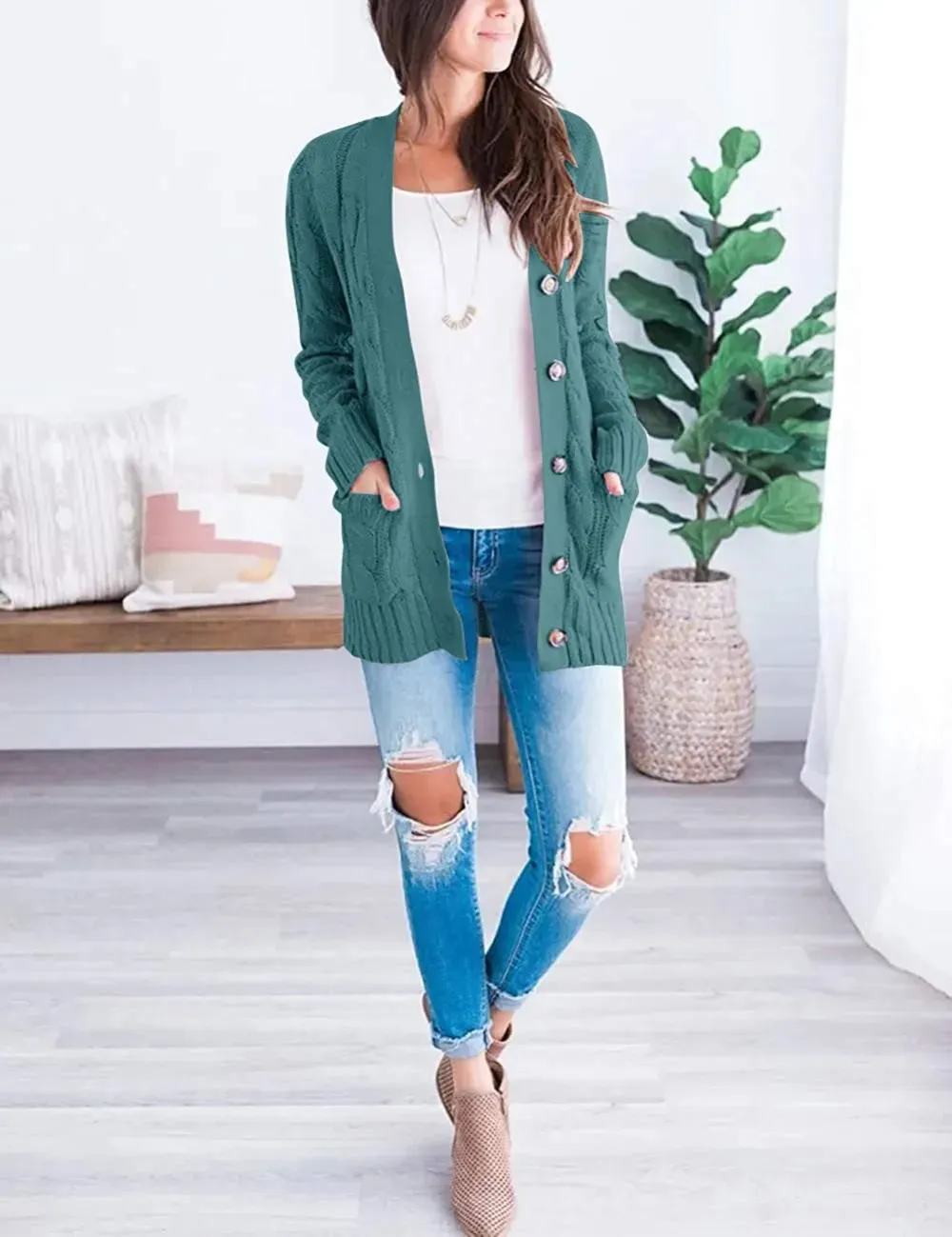 MEROKEETY Women's 2024 Fall Long Sleeve Cable Knit Sweater Open Front Cardigan Button Loose Outerwear