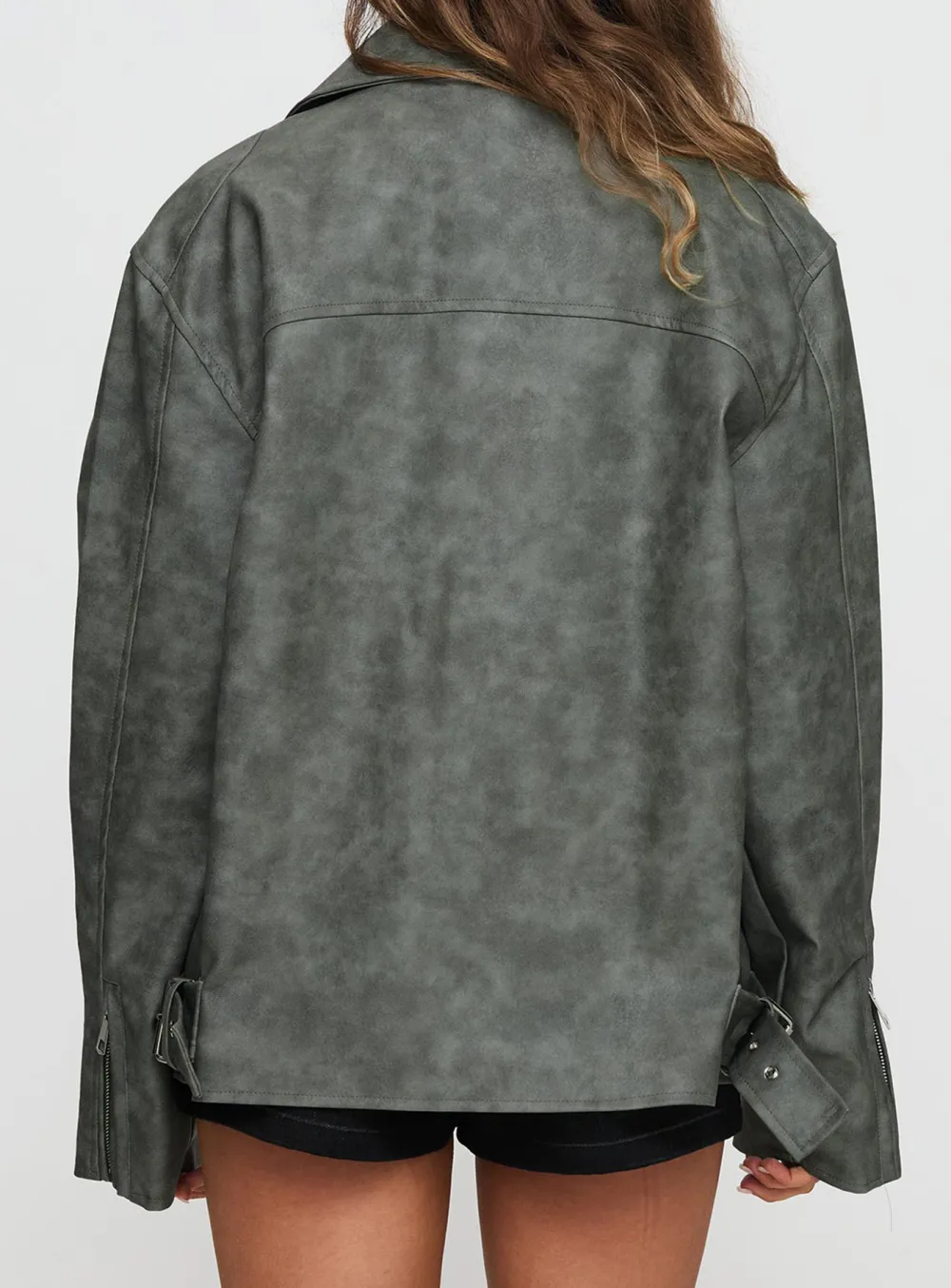 Grey Faux Leather Collared Jacket