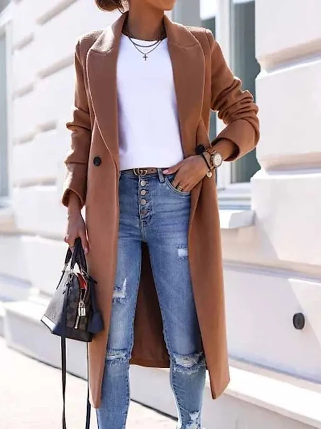 Women's Winter Coat Coat Warm Breathable Work Office / Career Daily Wear Vacation Pocket Drawstring Buttoned Front Turndown Elegant Lady Modern Formal Solid Color Regular Fit Outerwear Long Sleeve
