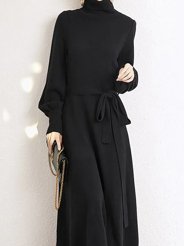 Women's Red Christmas Dress Sweater Dress Jumper Dress Midi Dress Warm Fashion Casual Plain Outdoor Christmas Daily Vacation Turtleneck Long Sleeve Lace up 2023 Regular Fit Black Wine Blue One Size