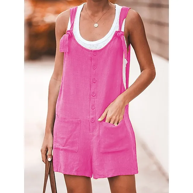 Women's Fashion Streetwear Overalls Short Pants Daily Weekend Inelastic Plain Linen / Cotton Blend Breathable Soft Mid Waist Loose Green Black Army Green Fuchsia Khaki S M L XL XXL