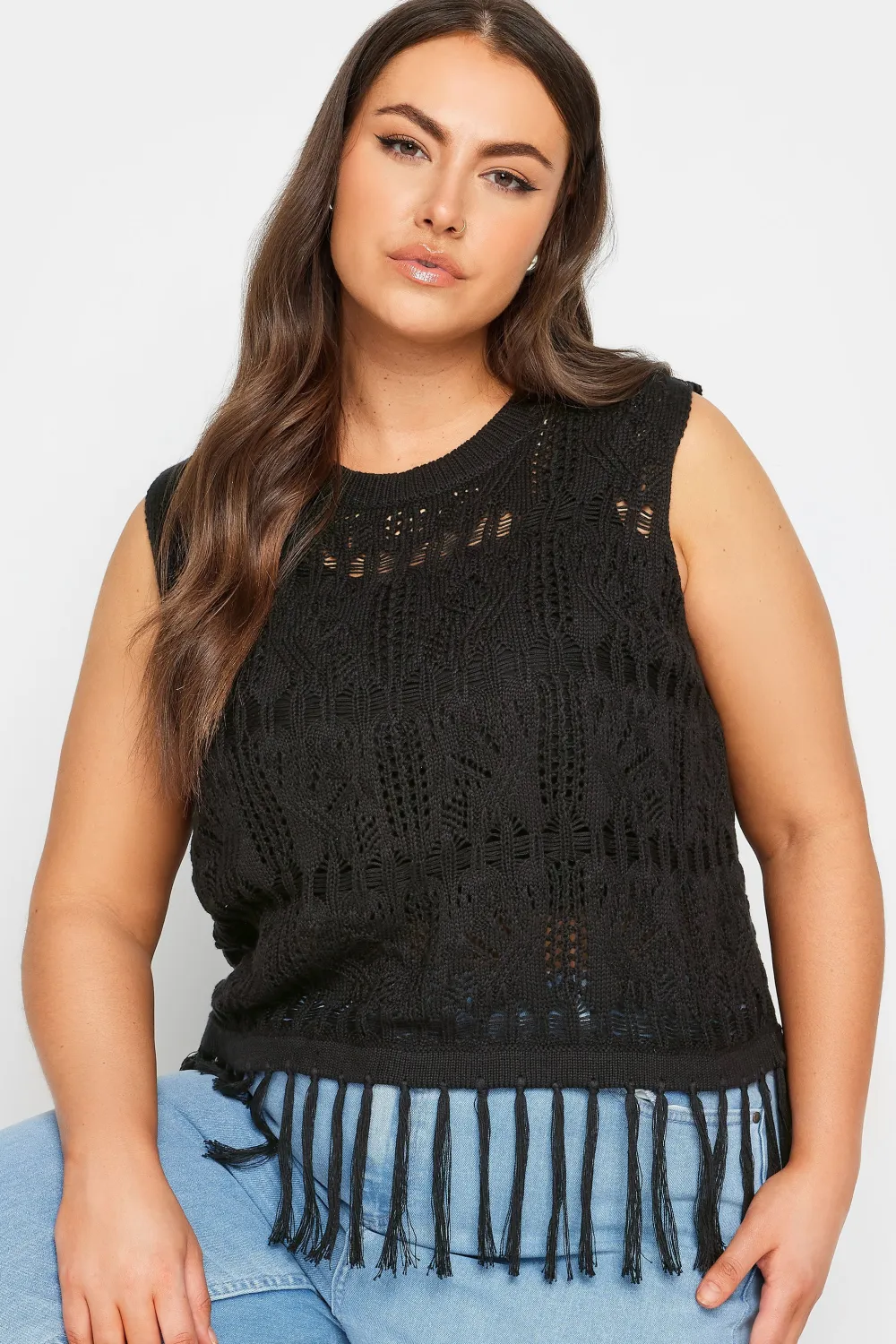 YOURS Curve Black Crochet Fringe Vest Top
