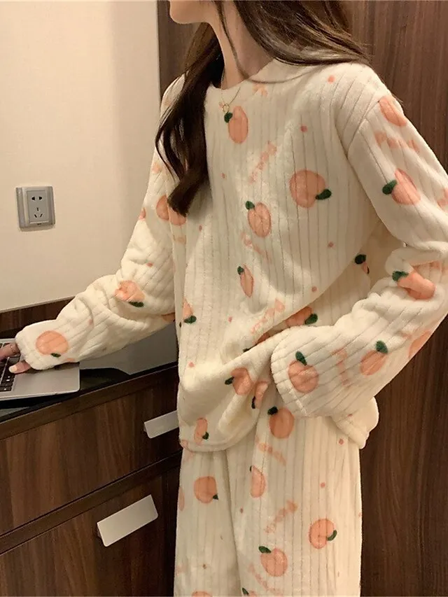 Women's Fleece Loungewear Sets Fluffy Pajama Fuzzy 2 Pieces Bear Peach Fashion Casual Comfort Street Daily Date Polyester Warm Crew Neck Long Sleeve Pant Fall Winter Lotus Pink Black