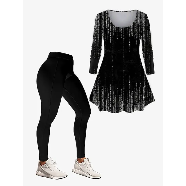 Women's Set Graphic Silver Dark Yellow Black Print Long Sleeve Daily Vacation Holiday Casual Festival Crew Neck Regular Fit Fall Winter