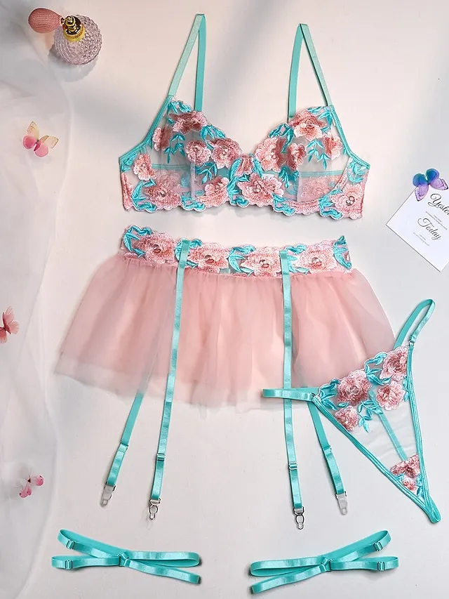 Women's Pajamas Garter Lingerie Set Sets 4 Pieces Flower Simple Hot Soft Home Christmas Valentine's Day Polyester Gift Straps Sleeveless Embroidery Including Garter Belts Summer Spring Pink