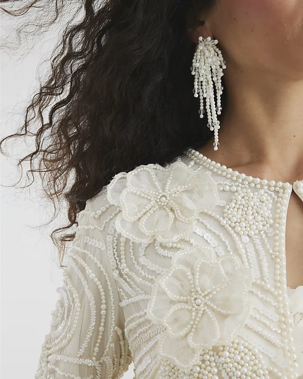 Luxury Pearl Flower Design Women's Crew Neck Tops