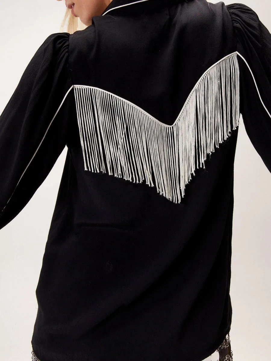Women'S Black Embroidered Fringe Shirt