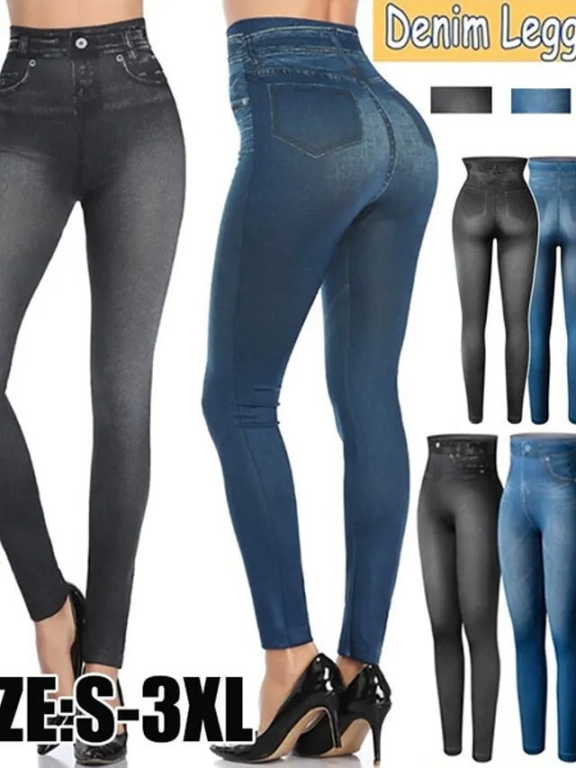 Women's Casual / Sporty Athleisure Skinny Tights Leggings Print Ankle-Length Pants Casual Weekend Stretchy Solid Color Denim Faux Denim Tummy Control Butt Lift High Waist Skinny Black Blue Grey S M L