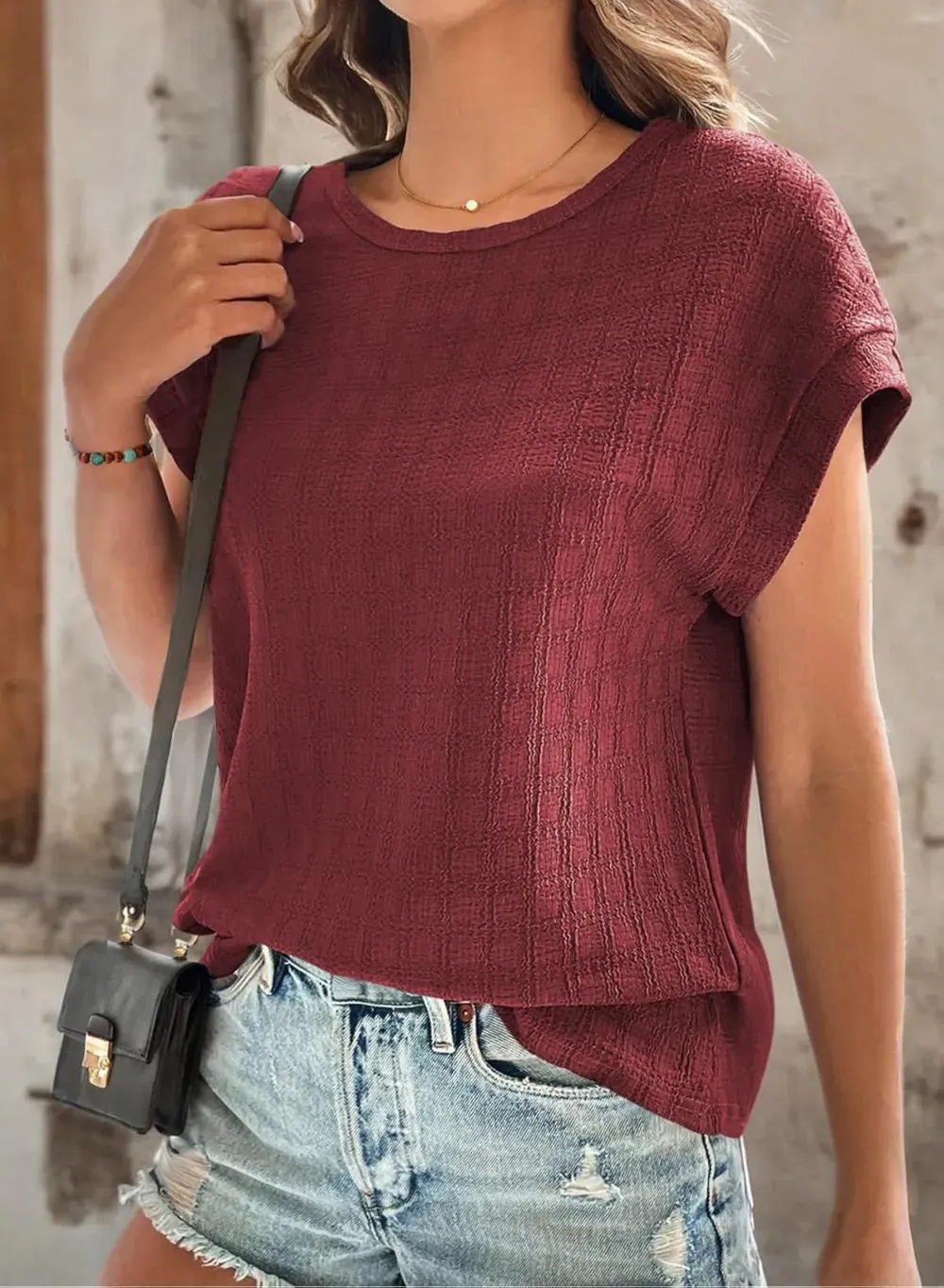 Dokotoo Tops for Women Trendy Summer Casual Cap Short Sleeve Basic Textured Solid Color Round Neck T Shirts Blouse