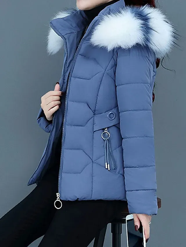 Women's Parka Cropped Puffer Jacket Winter Coat Zip up Hooded Coat with Removable Fur Collar Thermal Warm Heated Coat Fall Outerwear with Pockets Warm Classic Long Sleeve Blue