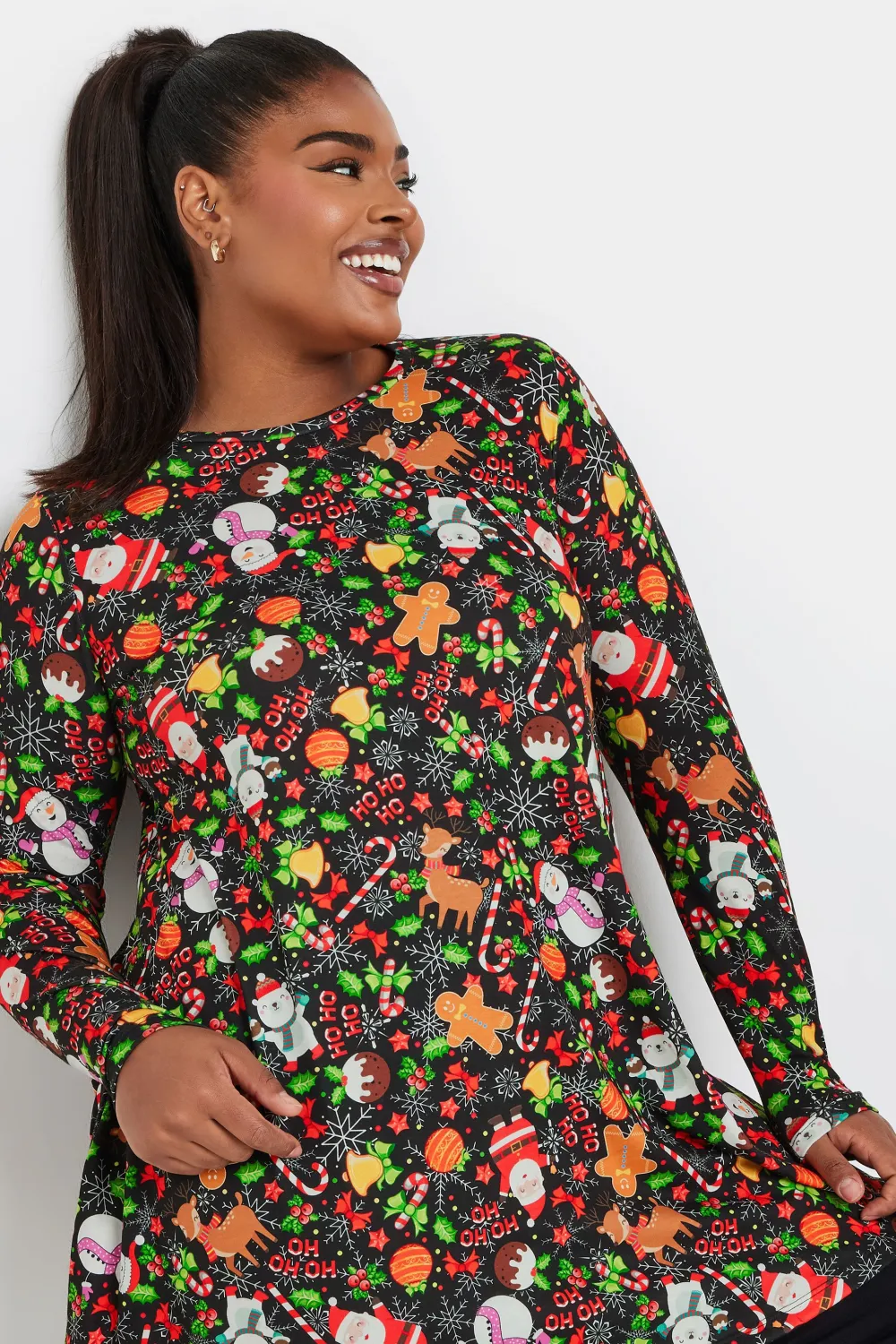 YOURS Curve Black Christmas Print Tunic Top