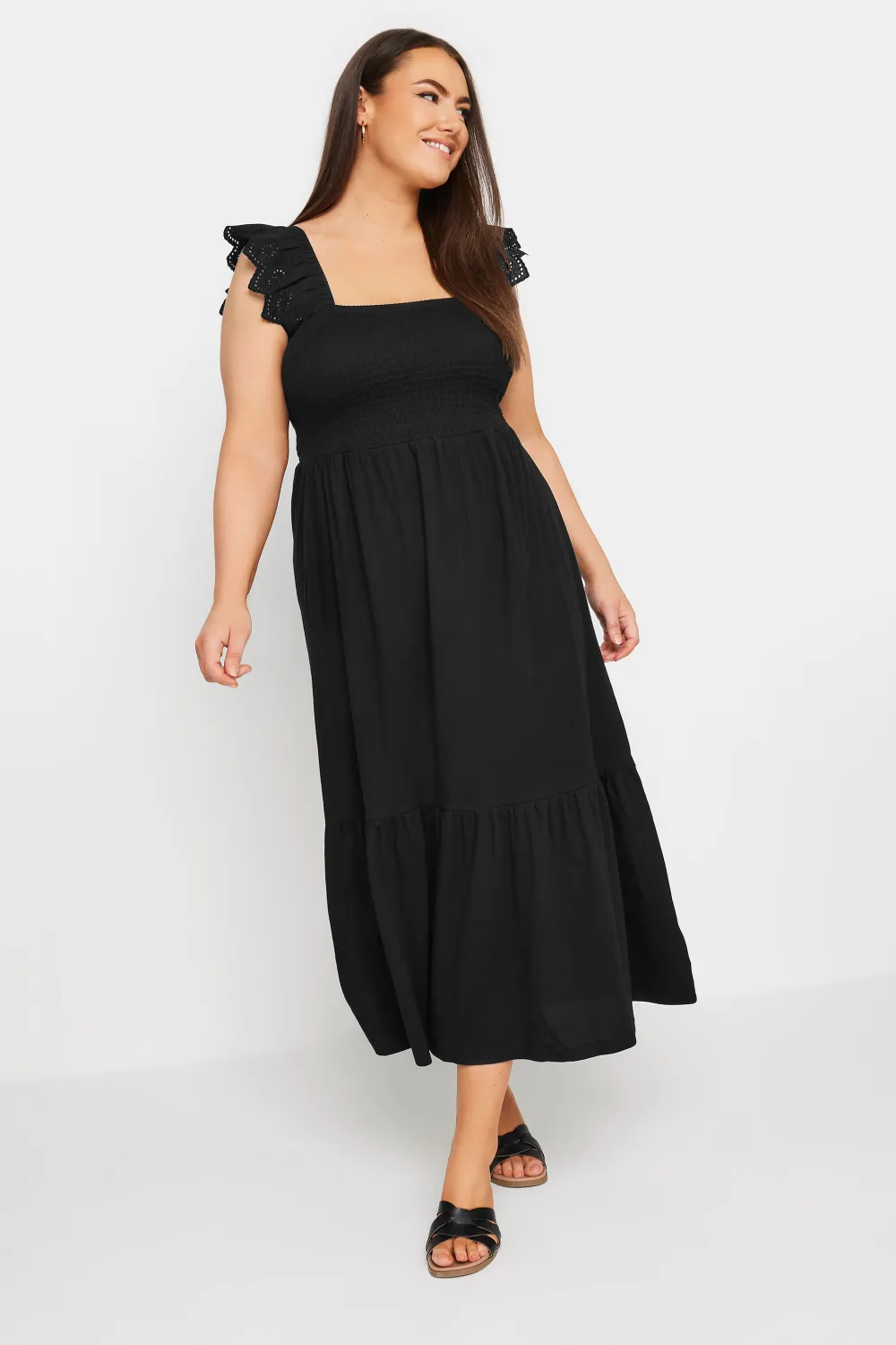 YOURS Curve Black Frill Sleeve Shirred Midaxi Dress