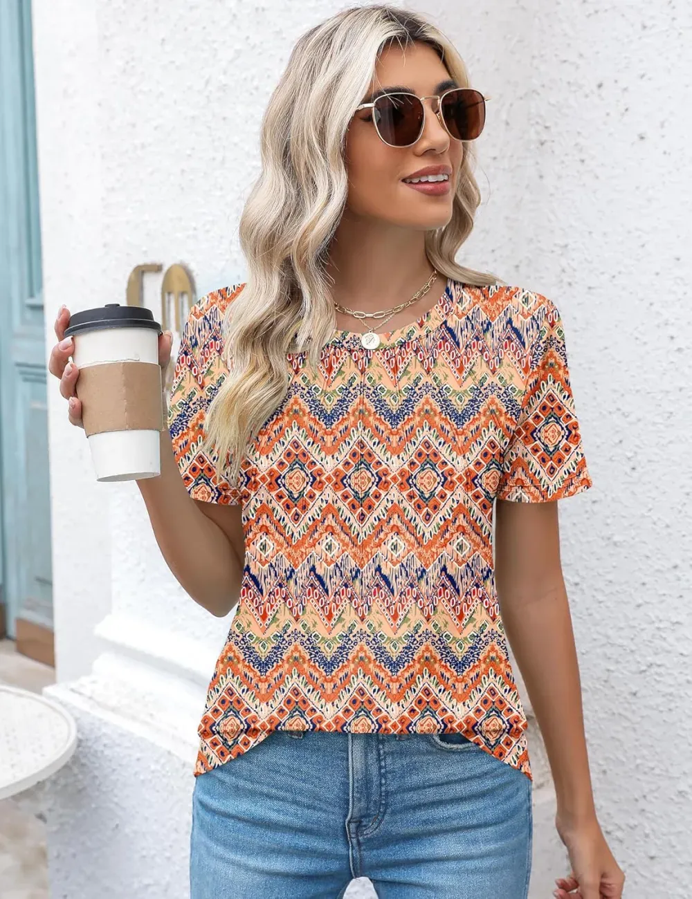 Kistore Womens Casual Crew Neck Short Sleeve Pleated Tops Blouses Fashion Clothes 2024