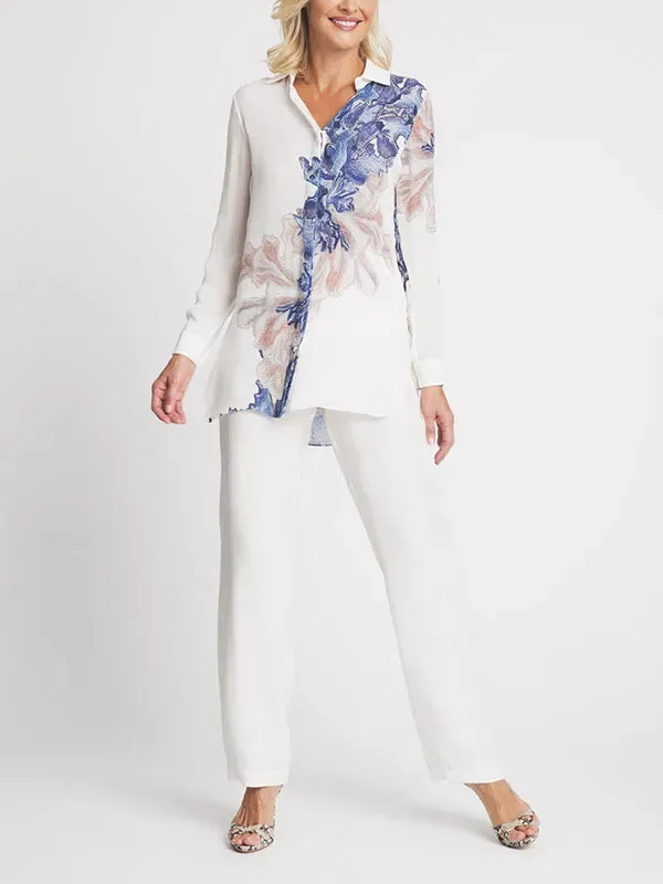 Vintage Print Blouse Elegant Ladies Suit
