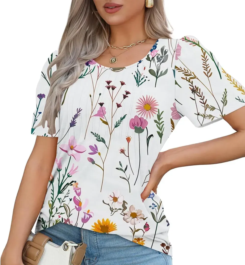 Womens Summer Pleated Front Shirts Tunics Casual Short Sleeved Loose Round Neck Boho Printed Tops Vacation Blouse