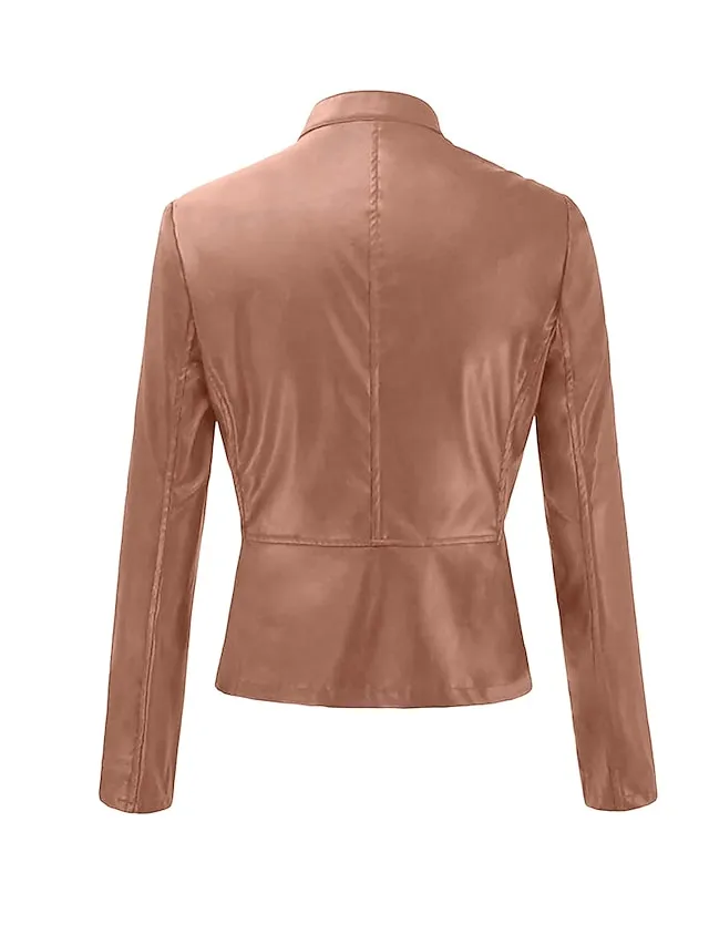 Women's Faux Leather Jacket Clean Fit Faux Motorcycle Moto Biker Coat Plus Size Short Zipper Jacket Light Pink Navy Wine Red ArmyGreen  Chic & Modern Street Fall Collarless Slim Fit S M L XL XXL XXXL