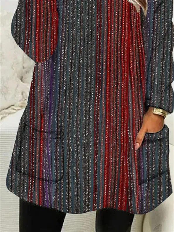 Women Long Sleeve Scoop Neck Striped Colorblock Pockets Tops