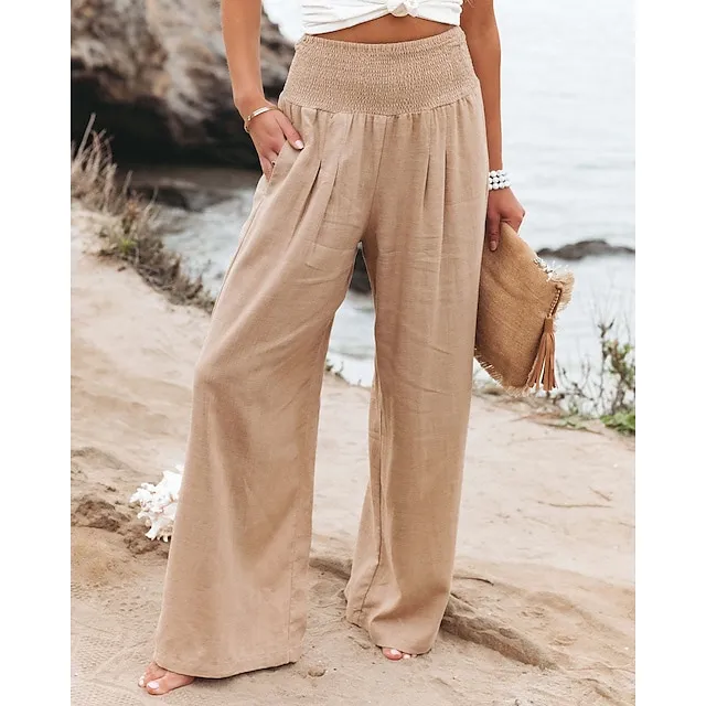 Women's Wide Leg Linen Pants Trousers Full Length Cotton Baggy Micro-elastic High Waist Fashion Casual Daily Vacation Apple Green Black S M Autumn / Fall