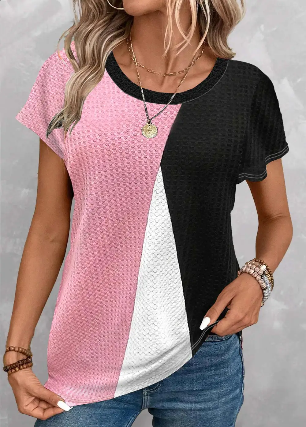 Black Patchwork Geometric Print Short Sleeve T Shirt