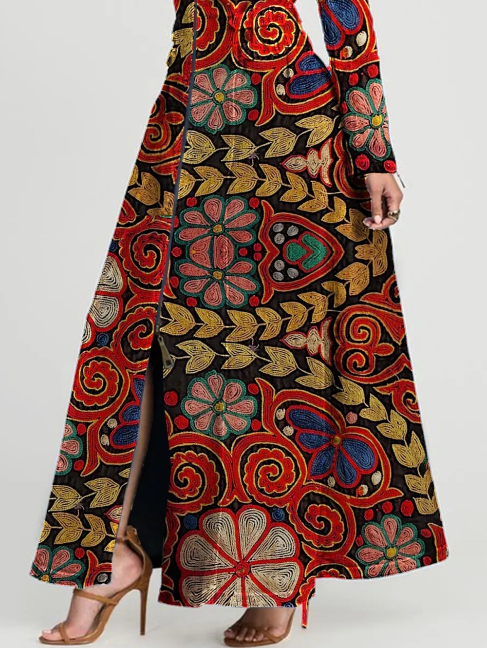 Ursime Vintage Boho Floral Turndown Collar Long Sleeve Zipper Maxi Dress