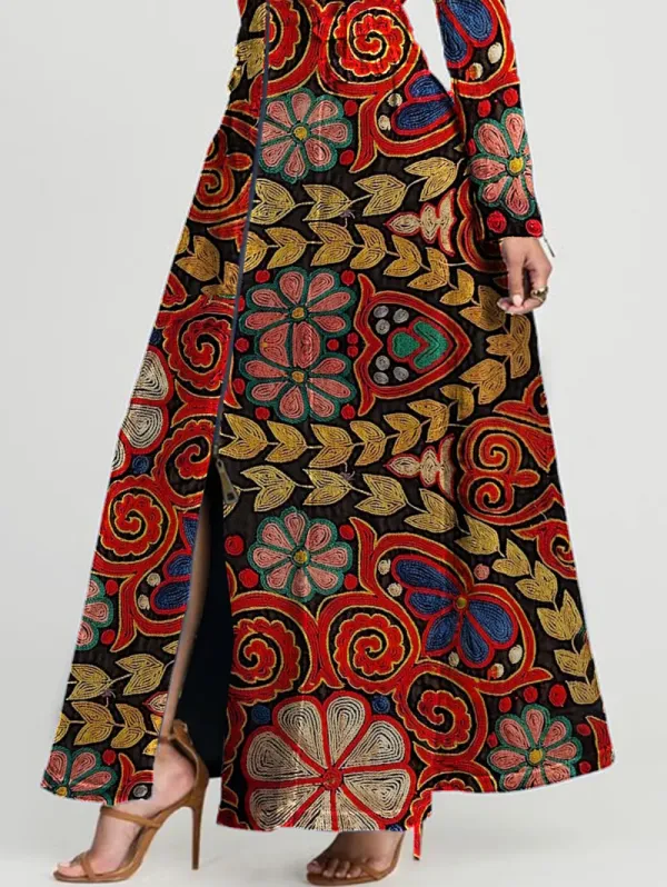 Ursime Vintage Boho Floral Turndown Collar Long Sleeve Zipper Maxi Dress