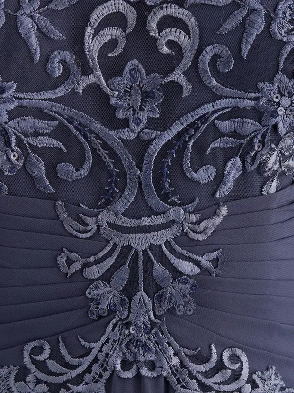 Round neck and floor-length chiffon sequined evening dress