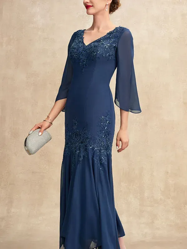 V-neck Ankle-Length Chiffon Mother of the Bride Dress With Appliques Lace Sequins