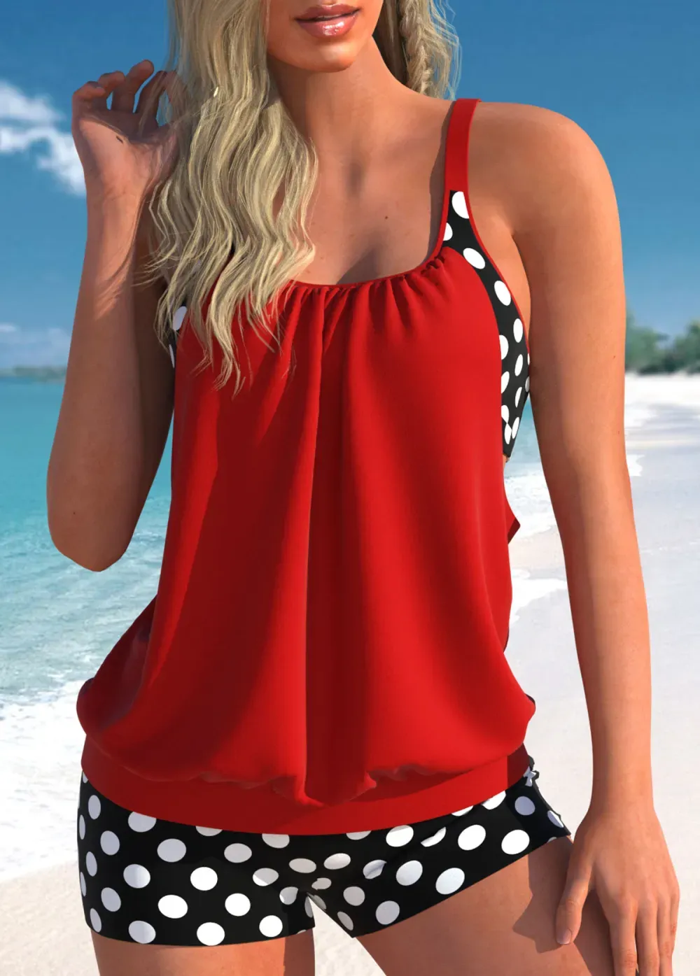 Fake 2in1 Polka Dot Cyan Tankini Top