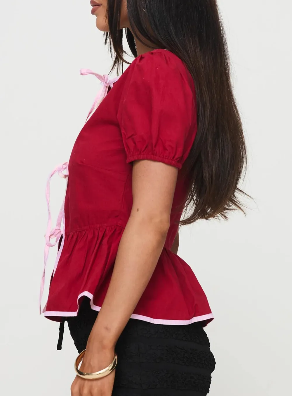 Red Puff Sleeve Peplum Shirt