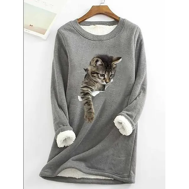 Women's Plus Size Sweatshirt Pullover Cat Teddy Sherpa Fleece Denim Blue Black White Street Casual Round Neck Long Sleeve Top Micro-elastic Fall & Winter