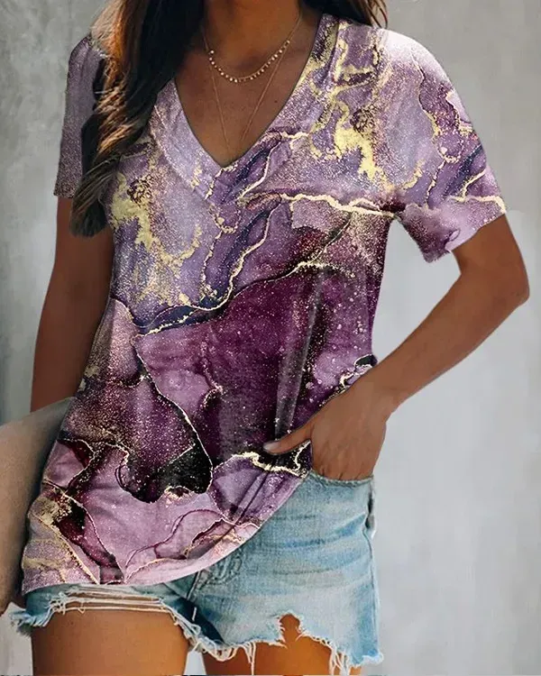 Women's Marble Tie-dye Printing Graphic T-shirts