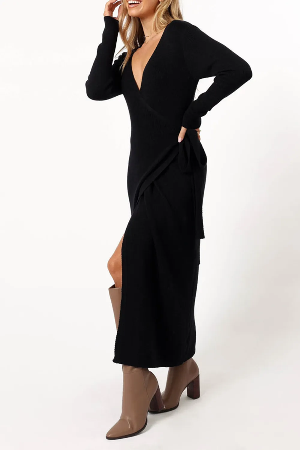 V-NECK BOW WRAP DRESS