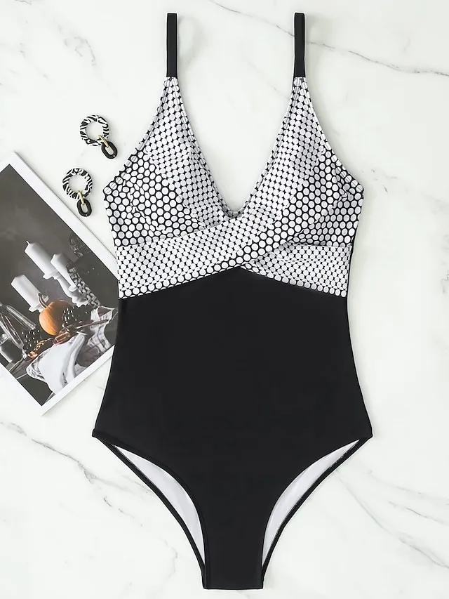 Fashion Polka Dots Swimsuits Women Modest One Piece Swimsuits Padded Push Up Ladies Stripes Backless Swimwear Vintage Bathing Suits Retro Camisole Beach Wear S-XXL