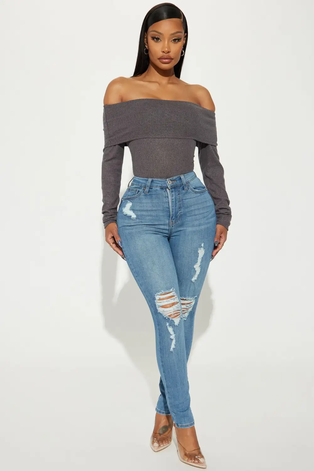 Sydney Off Shoulder Bodysuit - Charcoal