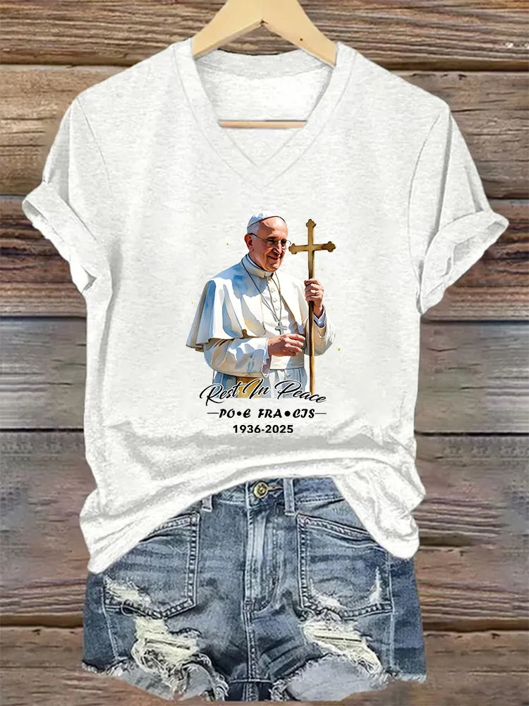 Women's Rest In Peace 1936-2025 Print Short Sleeve V-Neck Cotton T-Shirt