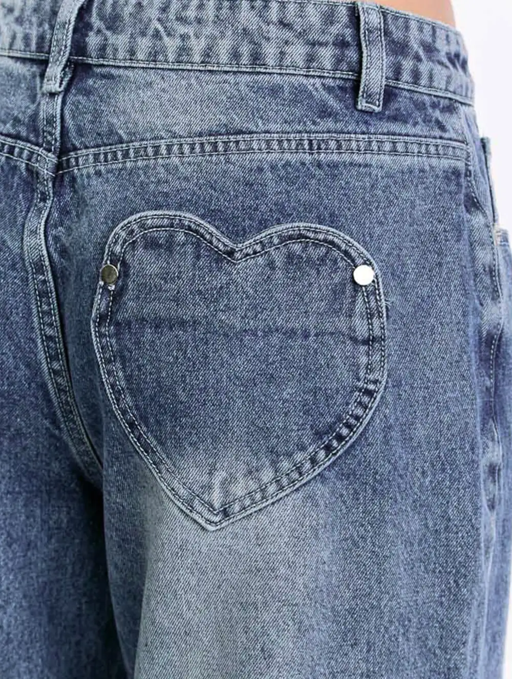 Retro Washed Heart Patterned Wide-Leg Jeans