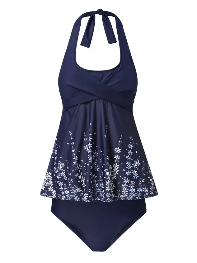 Simple Floral Printing Halter Swimdress Two-Piece Set