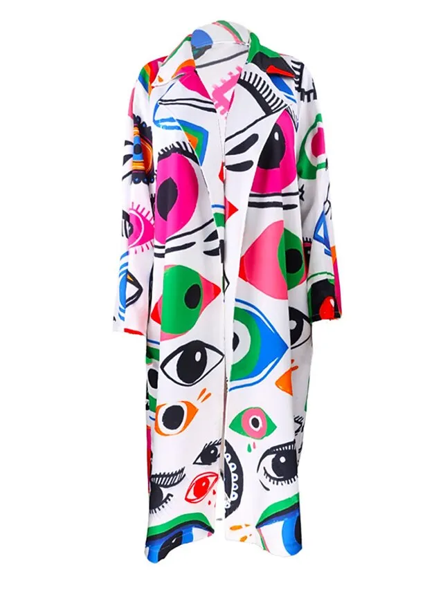 Women's Winter Coat Casual Jacket Warm Breathable Street Daily Going out Pocket Print Open Front Turndown Streetwear Casual Street Style Color Block Regular Fit Outerwear Long Sleeve Fall Spring White