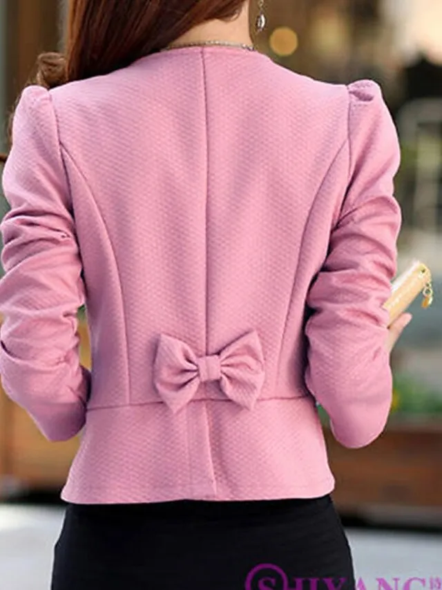 Women's Blazer Fall Short Bow Coat White Black Pink Fuchsia Elegant Street Spring Open Front Round Neck Regular Fit S M L XL XXL 3XL
