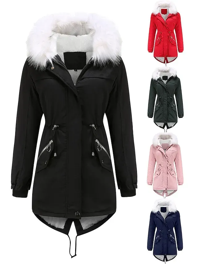 Women's Parka Puffer Coat Thermal Warm Winter Coat Windproof Heated Coat with Fur Collar Fall Zip up Drawstring Fleece Jacket with Pockets Outerwear Pink Black Pink Mid-Length