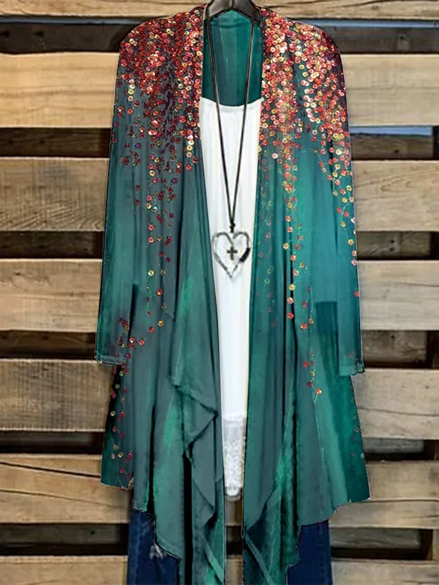 Women's Plus Size Jacket Sequins Print Floral Tie Dye Color Gradient Holiday Date Long Sleeve Open Front Regular Winter Fall Green Black Purple L XL XXL 3XL