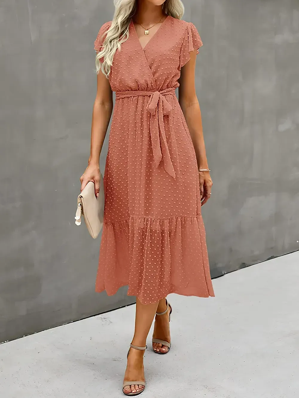 Women Summer Bohemian Floral Casual Wrap V Neck Ruffle Cap Sleeveless Belt A-Line Pleated Hem Swing Midi Sun Dress