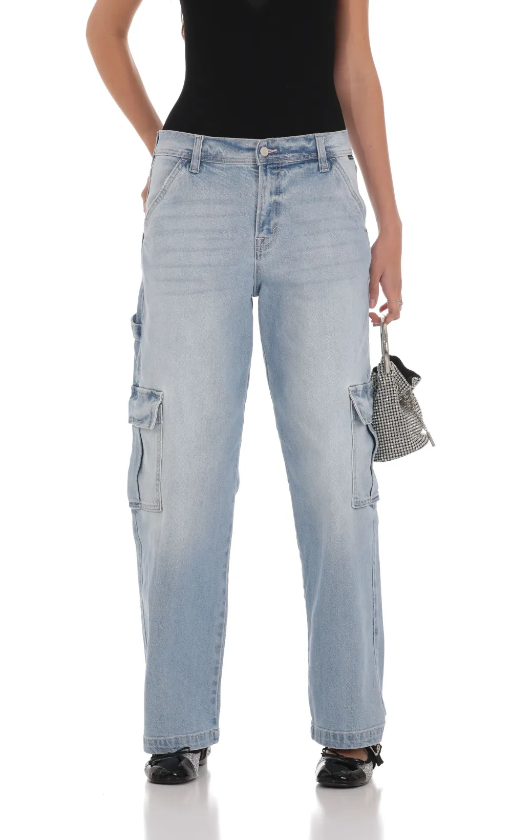 Cargo Wide Leg Jeans in Faded Denim