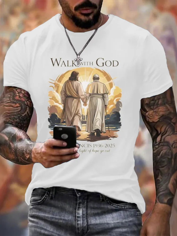 Men's Walk With God Print Short Sleeve Round Neck Cotton T-Shirt