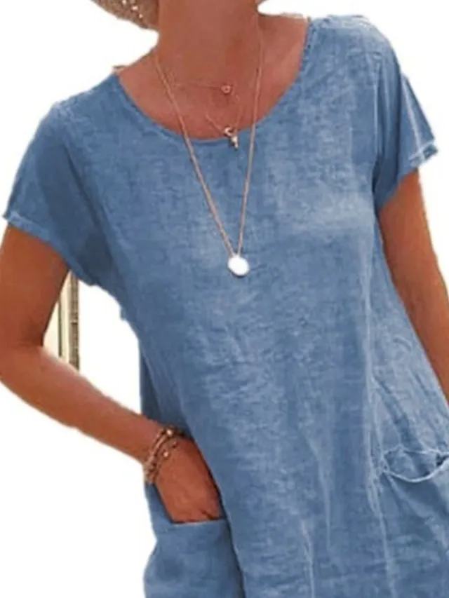 Women‘s Shift Dress Knee Length Dress Short Sleeve Pure Color Pocket Spring Summer Crew Neck Basic Casual Classic Loose 2023 S M L XL 2XL 3XL 4XL 5XL / Cotton