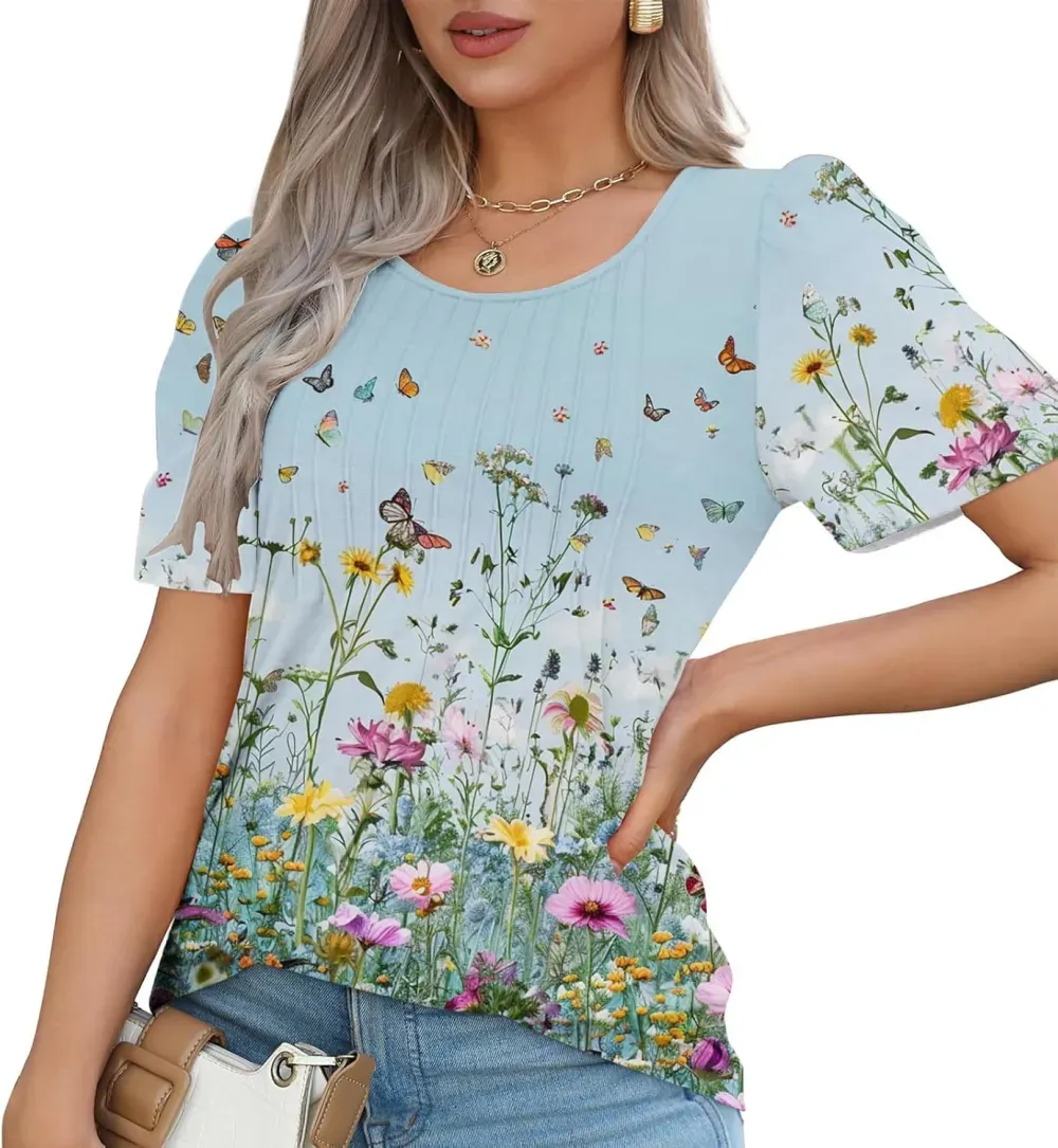 Womens Summer Pleated Front Shirts Tunics Casual Short Sleeved Loose Round Neck Boho Printed Tops Vacation Blouse