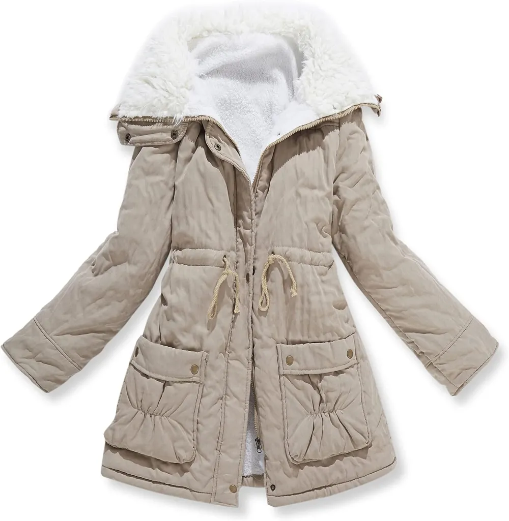 Women's Winter Mid Length Thick Warm Faux Lamb Wool Lined Jacket Coat