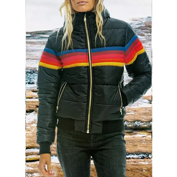 Women's Winter Jacket Puffer Jacket Street Daily Going out Winter Fall Regular Coat Stand Collar Regular Fit Windproof Warm Active Streetwear Casual Jacket Long Sleeve Color Block Rainbow Pocket Full