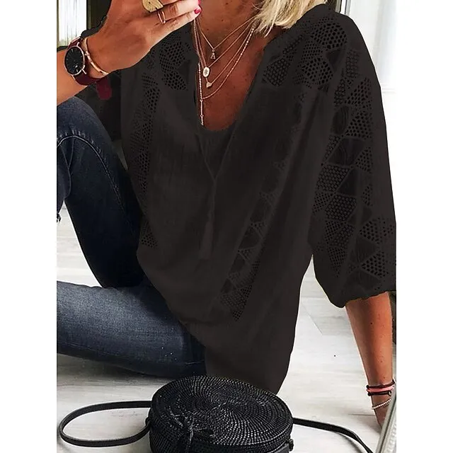 Women's Blouse Lace Patchwork Solid Color Basic Boho U Neck Lace-up Spring &  Fall Black White Yellow Light Blue Grey