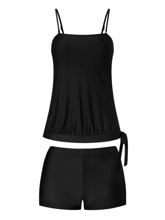 Simple Plain Knot Front Scoop Neck Tankinis Two-Piece Set